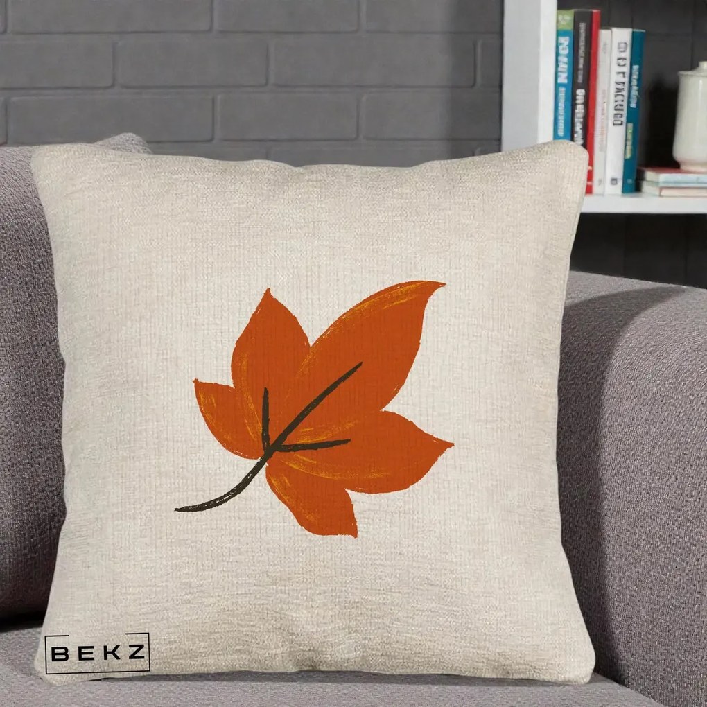 Perna Decorativa Frunza de Toamna Portocalie, 40x40 cm, Bej Canapea, Husa Detasabila, Perna Inclusa, BEKZ®