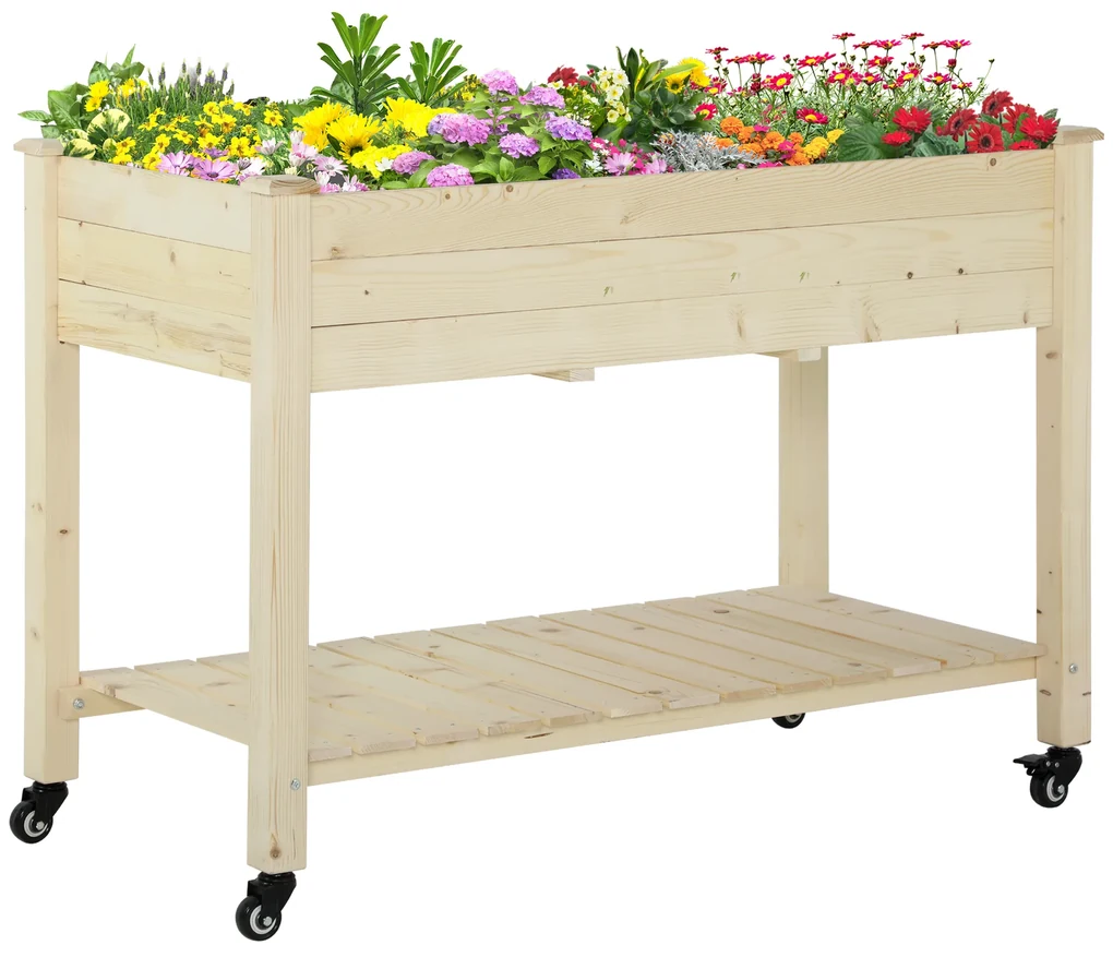 Outsunny Pat Grădină Legume Înălțat Lemn cu Roți, Jardiniera Înălțată cu Raft Inferior, 118x55x83cm, Natural | Aosom Romania