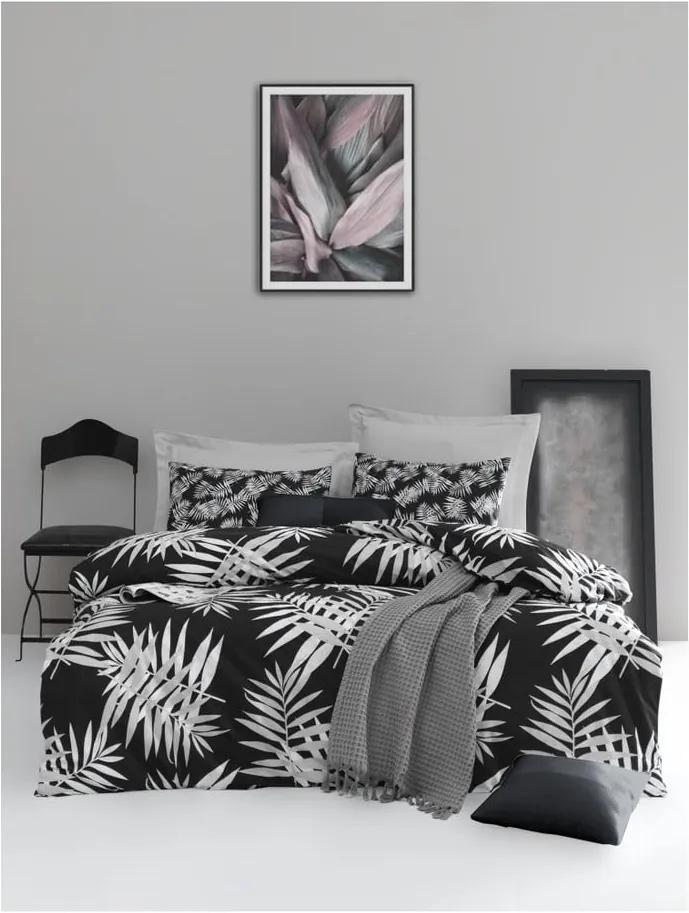 Lenjerie de pat cu cearșaf din bumbac ranforce, pentru pat dublu Mijolnir Palmiye Black, 200 x 220 cm
