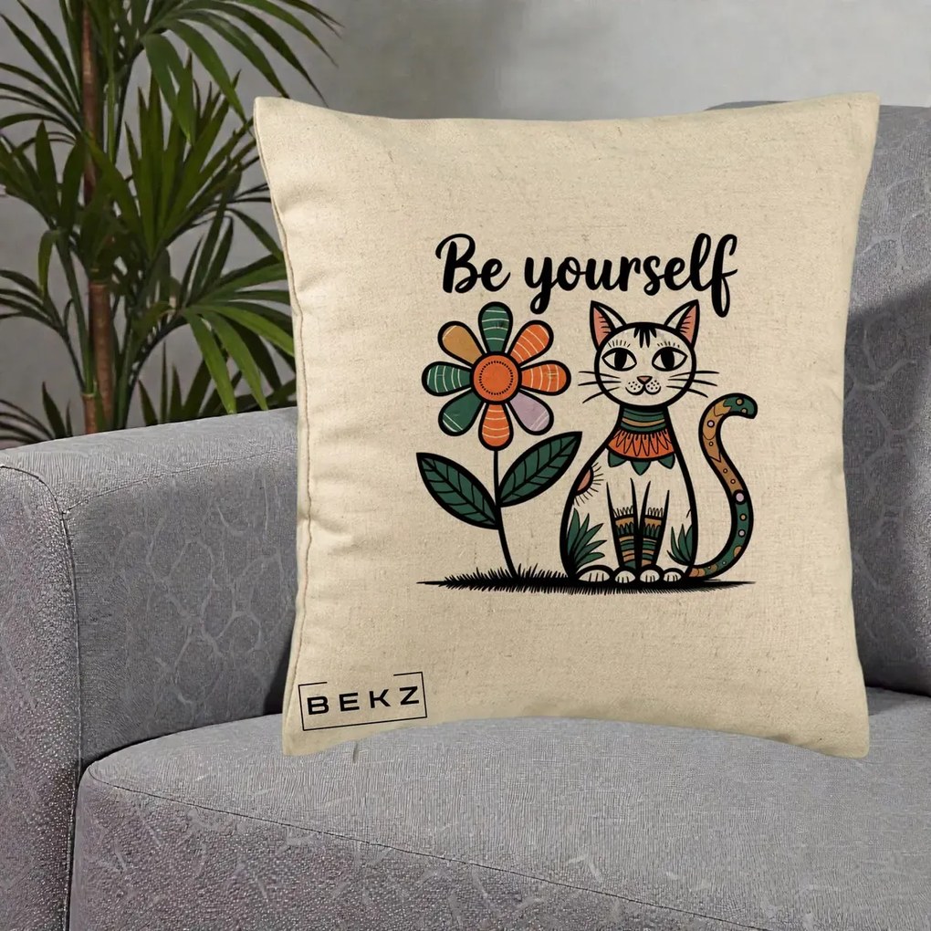 Perna Personalizata Be Yourself Pisica Folk, 40x40 cm, Bej, Husa Detasabila, Perna Inclusa, BEKZ®