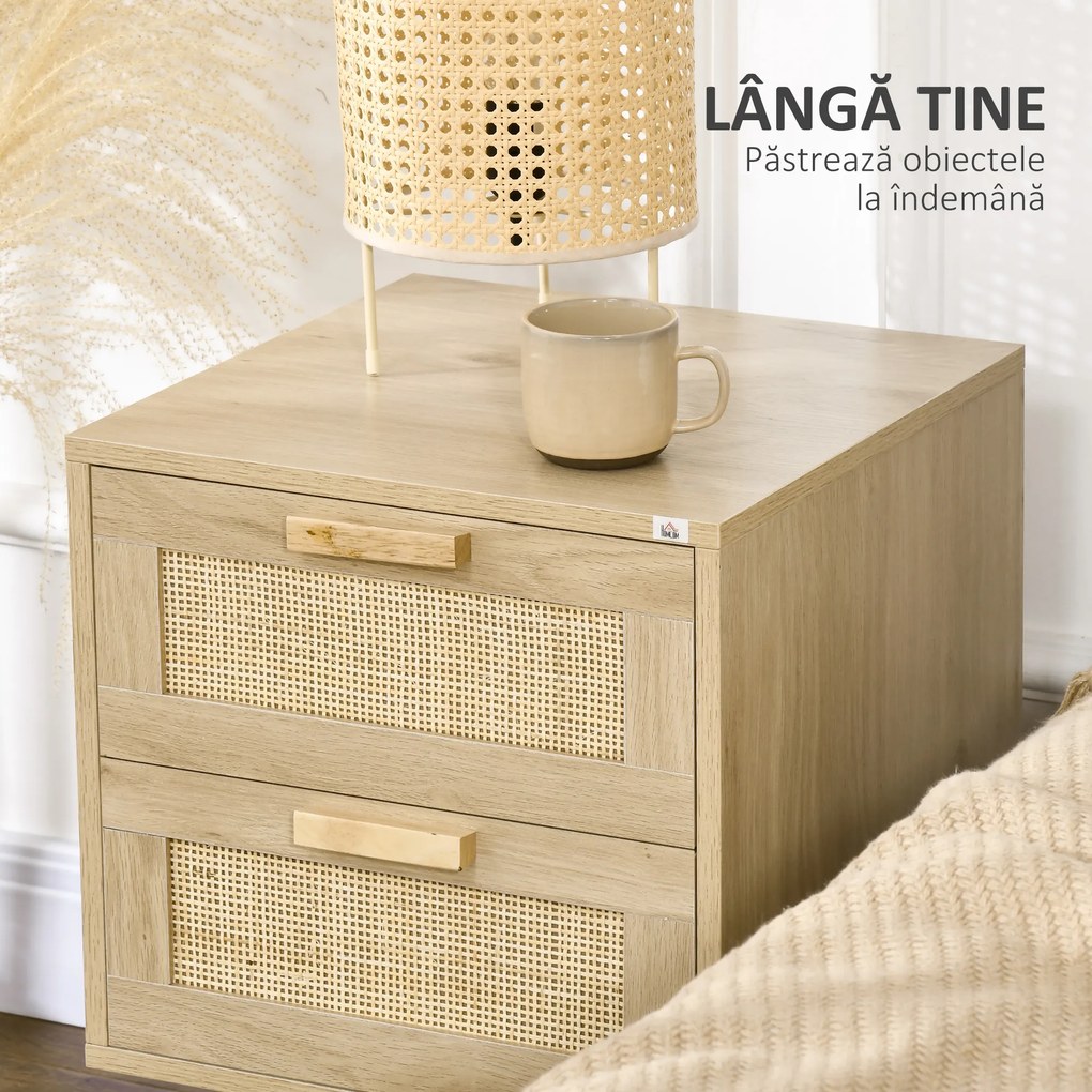 HOMCOM Noptiera pentru Dormitor cu 2 Sertare, Masuta de cafea in Stil Boho Elegante, 40x40x56cm, Culoare Lemn Natur | Aosom Romania