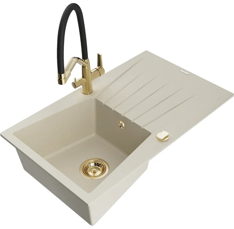 Mexen Cesar chiuvetă de granit cu 1 compartiment și picurător și baterie de bucătărie Duo, bej - 6514-69-671701-57-G