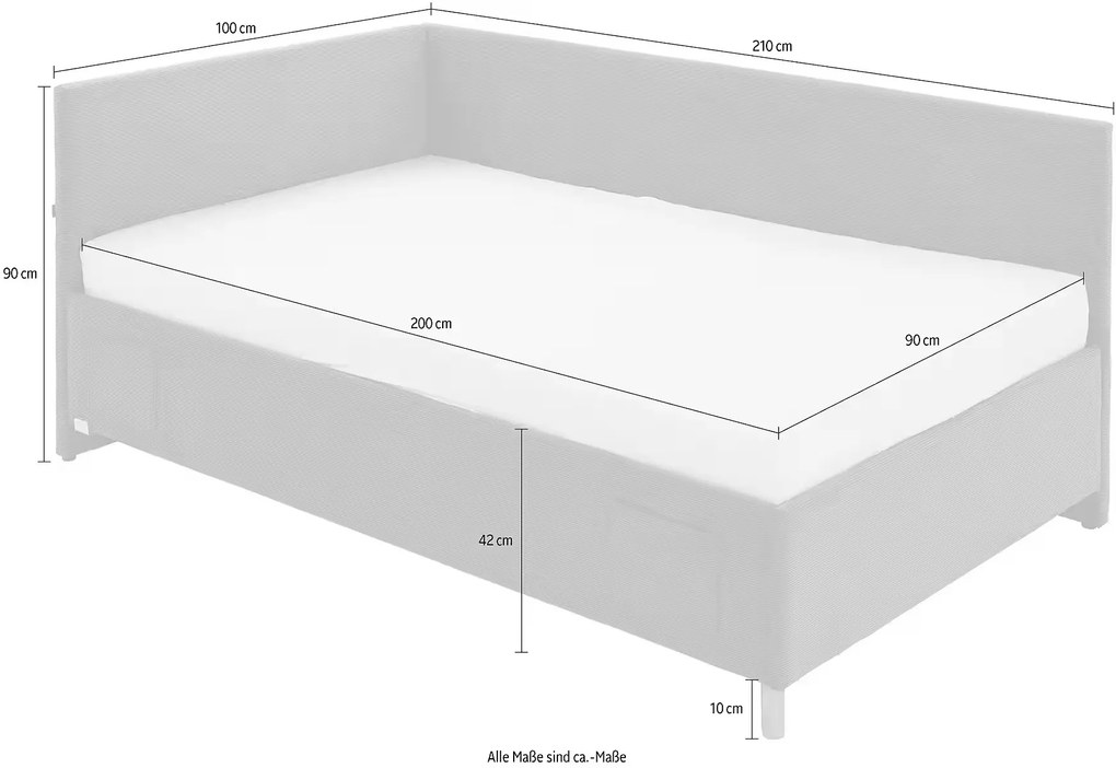 Boxspring tip divan, 90x200 cm, cu lada de depozitare, USB charger, somiera rabatabilă, culoare blug, material țesătură