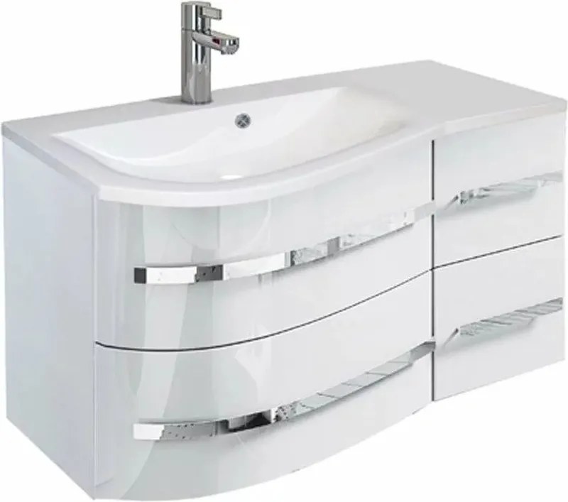 Set dulap baza suspendat si lavoar din compozit stanga ORiSTO Opal 90 cm alb cu 4 sertare