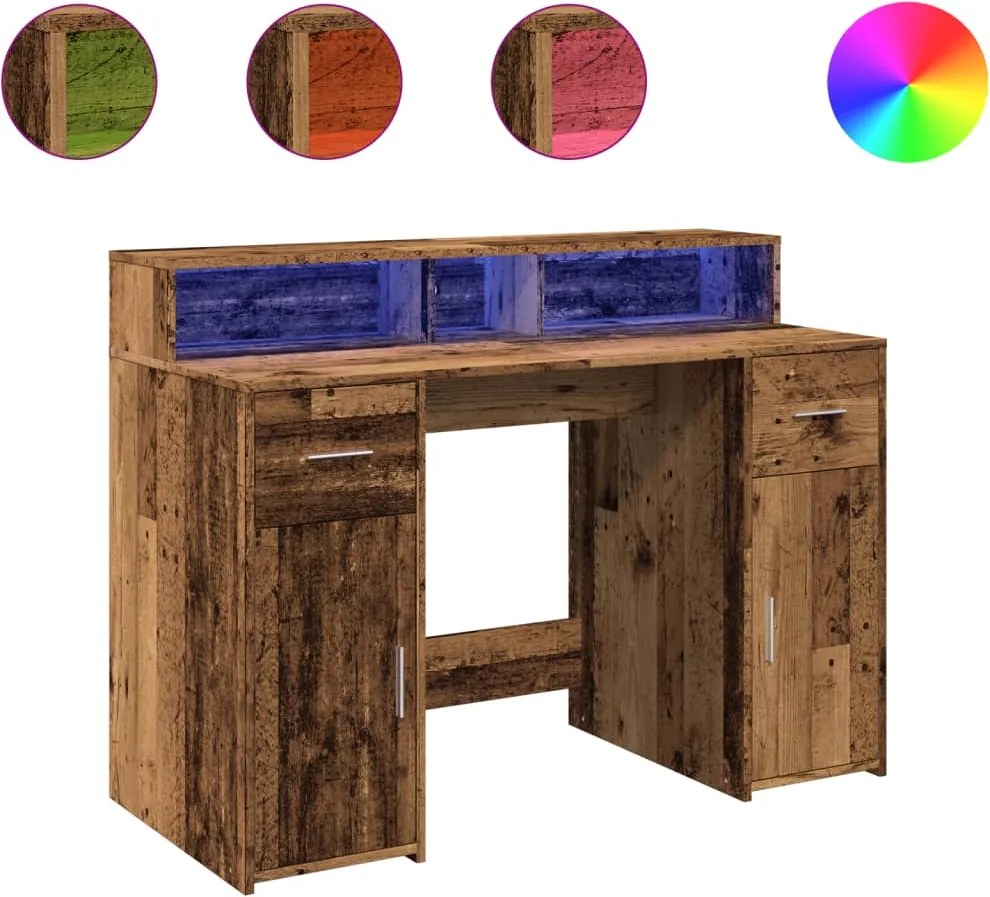 vidaXL Birou cu lumini LED, lemn vechi, 120x55x91 cm, lemn prelucrat