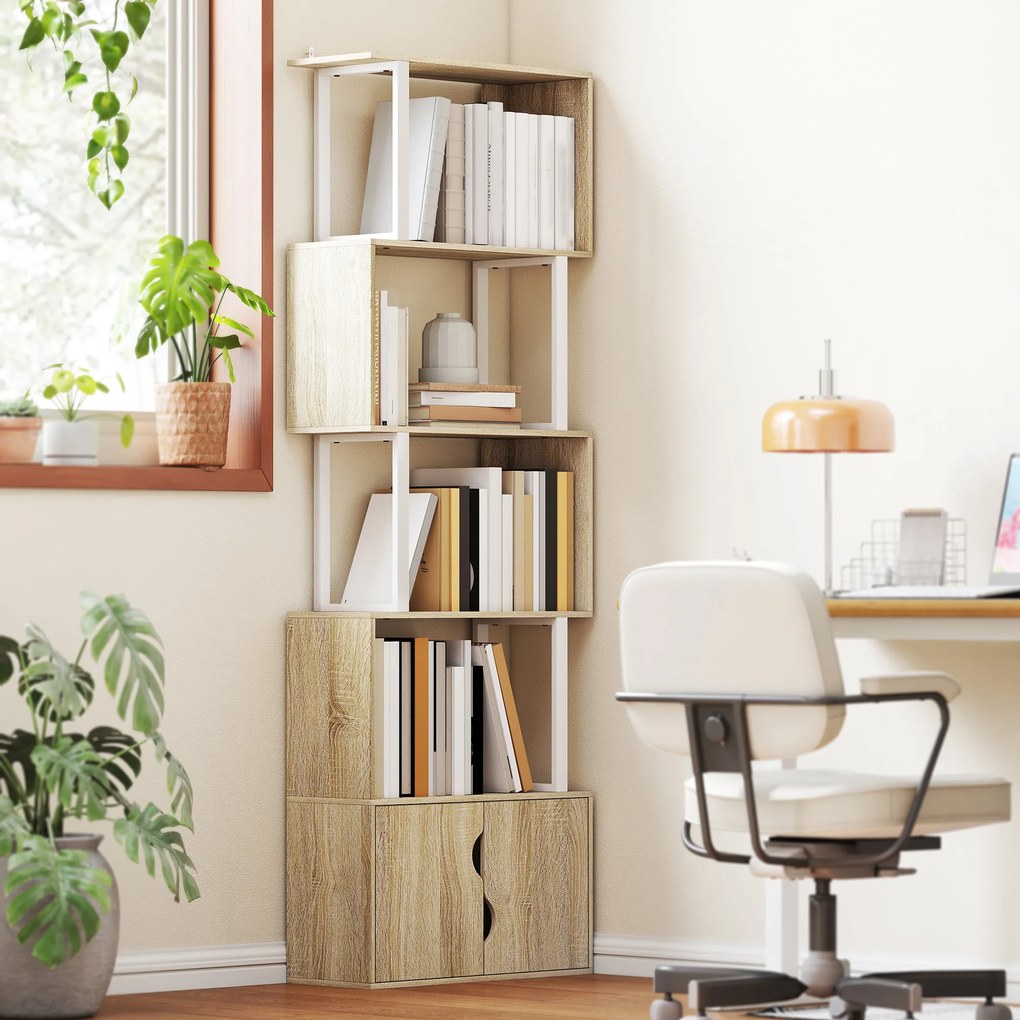 HOMCOM Bibliotecă cu 5 nivele, mobilier de depozitare cu rafturi și dulap cu dublă ușă, 60 x 23,8 x 179,2 cm, lemn natural | Aosom Romania