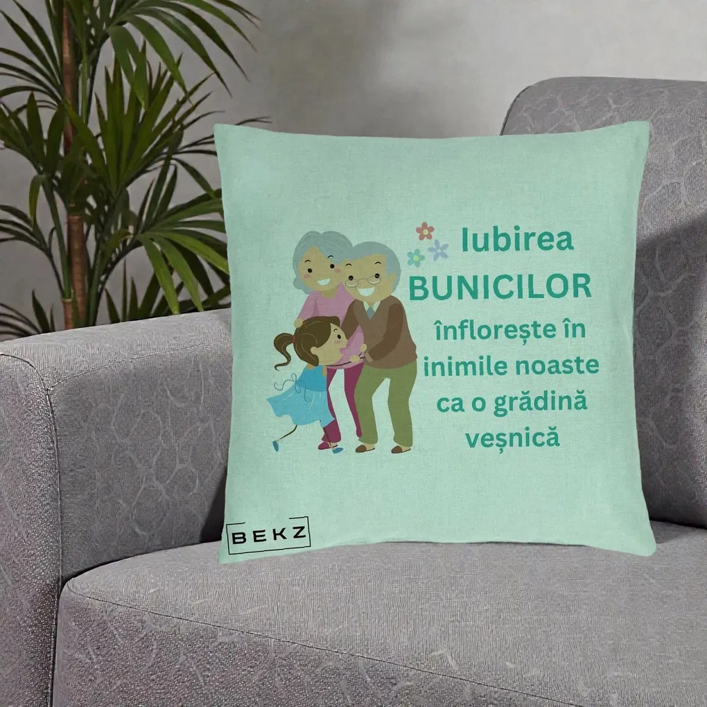 Cadou pentru Bunici - Perna Personalizata Bunicii Iubirea Infloreste cu Nepoata Teal, 40x40 cm, Verde Menta, Husa Detasabila, Perna Inclusa, BEKZ®