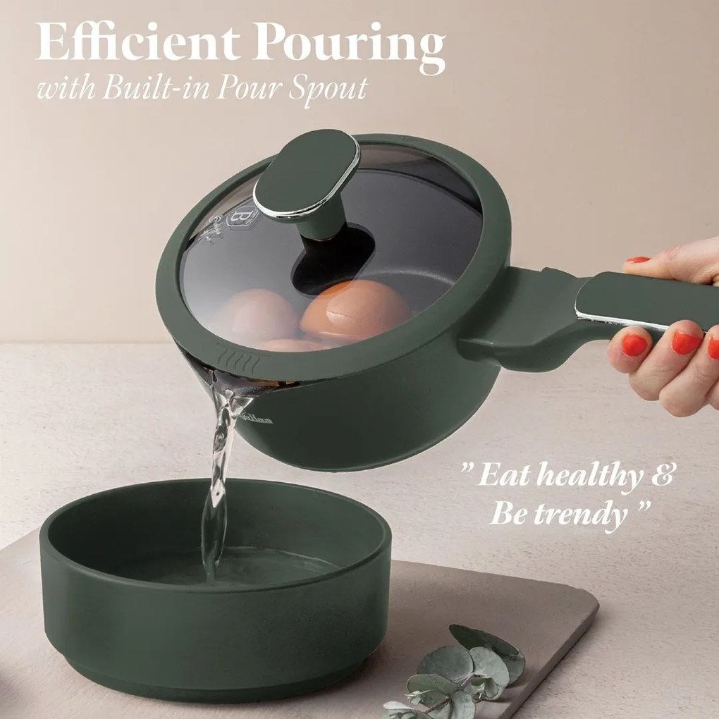 Set oale si tigai cu capace, 15 piese Green Matt Berlinger Haus BH 8208N, verde mat, antiaderente cu titan, inductie