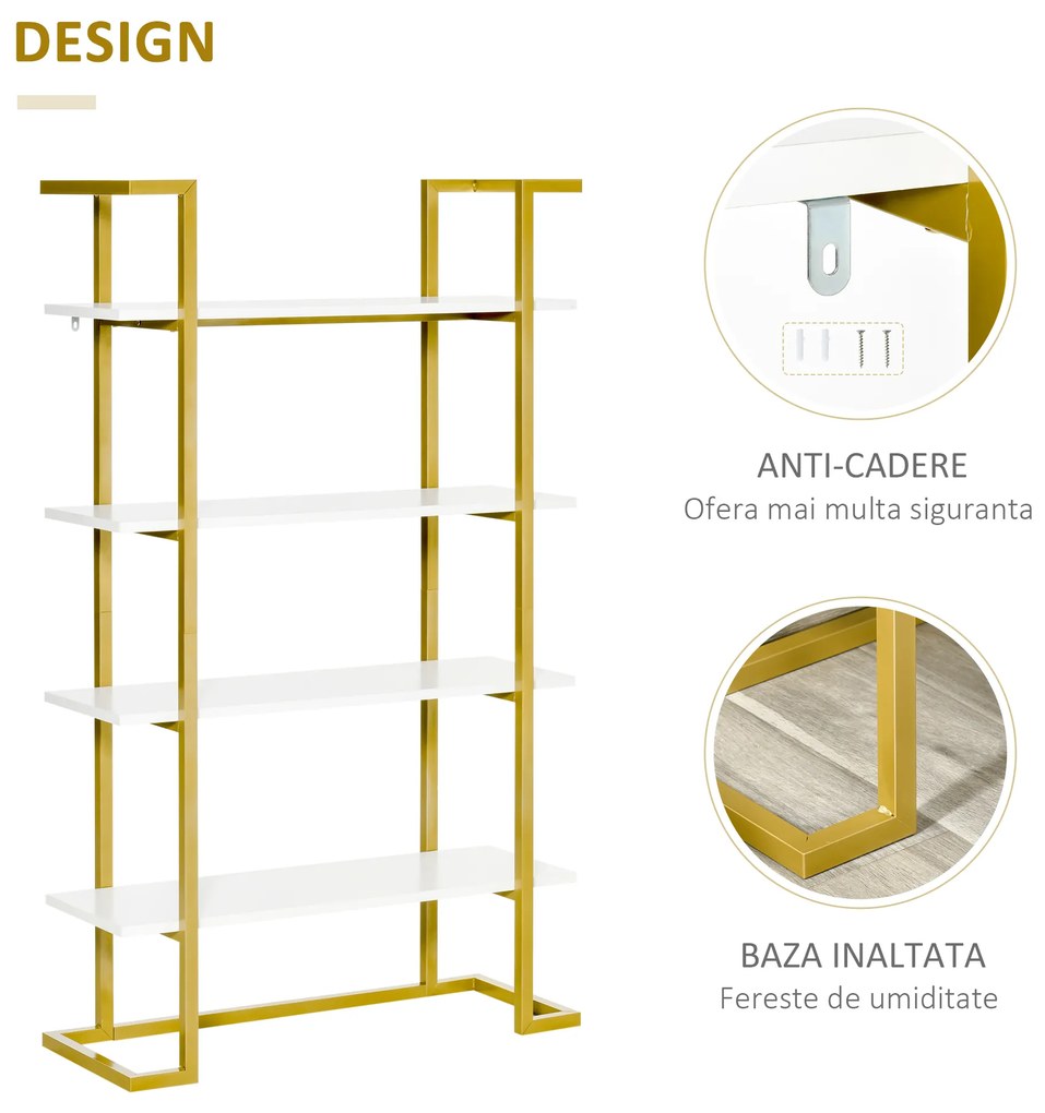 HOMCOM Raft din lemn si otel cu 4 niveluri de depozitare, elegant, auriu, cu un design multifunctional robust | AOSOM RO