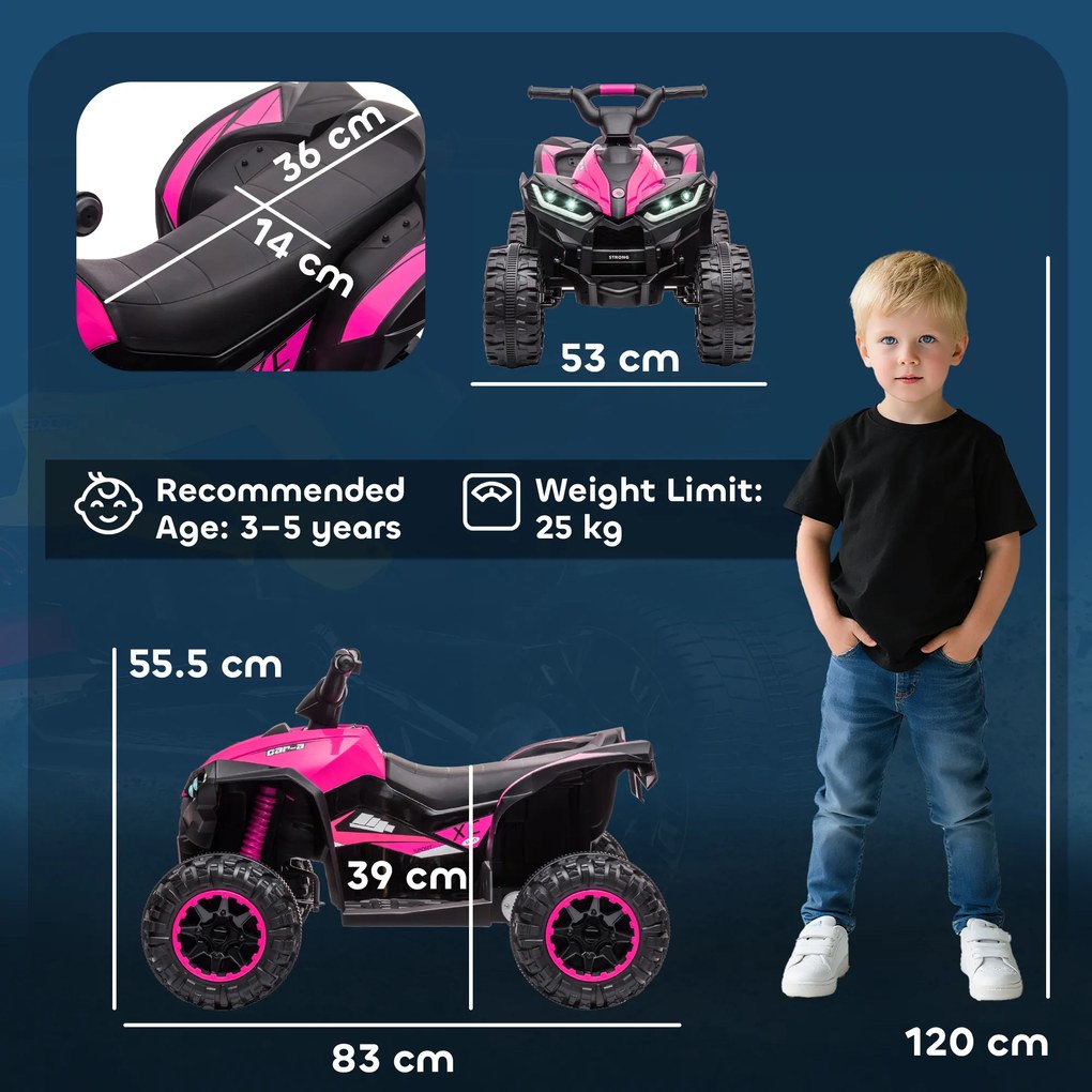 HOMCOM ATV Electric pentru Copii cu Motor Dublu și 2 Viteze, Roți, Faruri LED, Claxon și Muzică, 83x53x55.5 cm, Roz | Aosom Romania