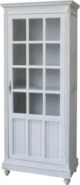 Dulap vitrină clasic din lemn de pin, alb, cu 1 ușă vitrată, 4 rafturi și cornișă cu caneluri, finisaj mat, 173 x 66 x 37,5 cm, „Ardelia”