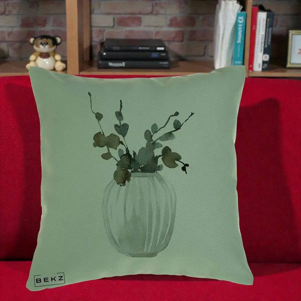 Perna decorativa cu flori: Vaza cu Eucalipt Watercolor, 40x40 cm cu Umplutura, Verde, BEKZ