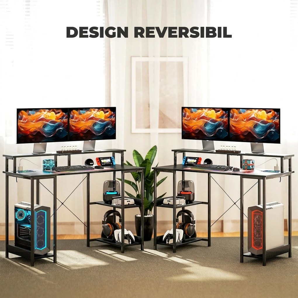 HOMCOM Birou Reversibil pentru Calculator cu Prize, Lumini LED, Suport Dublu și Rafturi Reglabile, 120x50x89,5 cm, Negru | Aosom Romania