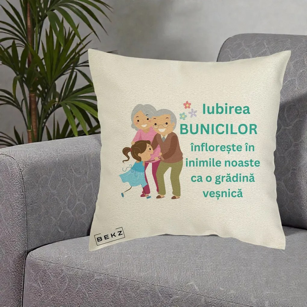Cadou pentru Bunici - Perna Personalizata Bunicii Iubirea Infloreste cu Nepoata Teal, 40x40 cm, Ecru, Husa Detasabila, Perna Inclusa, BEKZ®