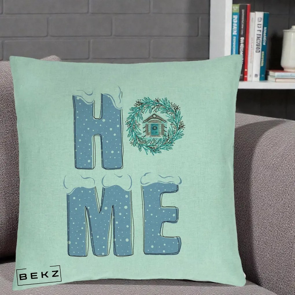 Perna Decorativa HOME Iarna cu Coroana, 40x40 cm, Verde Menta, Husa Detasabila, Perna Inclusa, BEKZ®