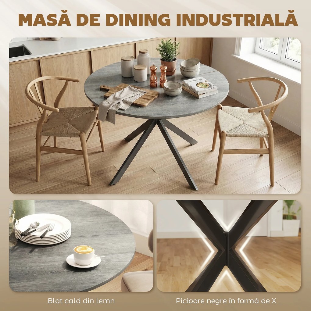 HOMCOM Masă de Sufragerie, Stil Industrial, Melamină din Lemn, Oțel,120cm X 120cm X 75cm,Stejar | Aosom Romania