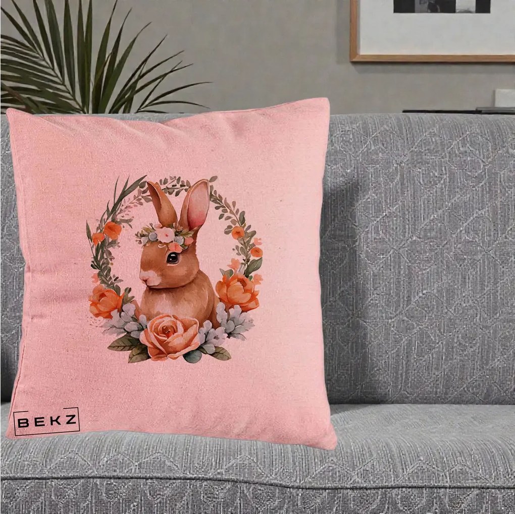 Perna Decorativa Iepuras Floral Coronita Acuarela, 40x40 cm, Roz, Husa Detasabila, Perna Inclusa, BEKZ®
