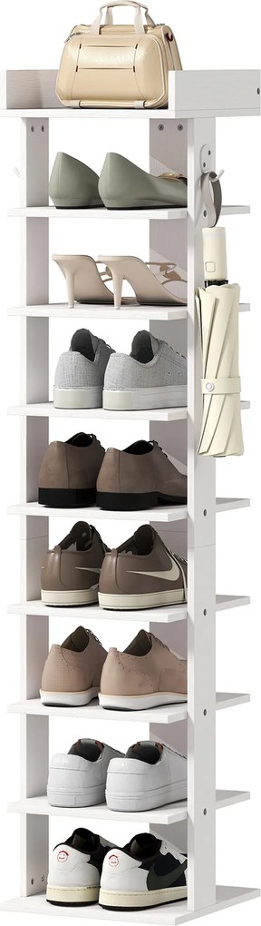 HOMCOM Pantofar 9 niveluri organizator din lemn pentru pantofi cu raft superior și 2 cârlige, pentru hol, Alb | Aosom Romania