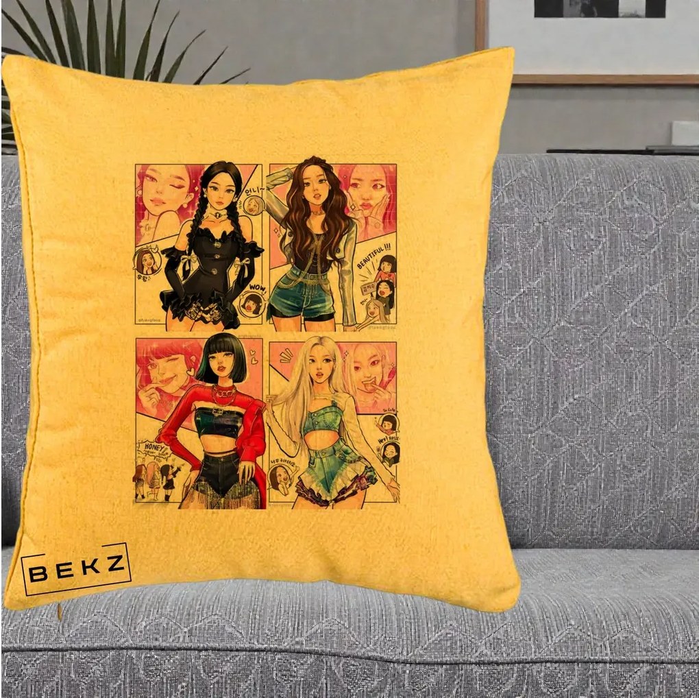 Perna Personalizata K-pop BLACKPINK Fanart Manga Benzi Desenate 4 Membre, 40x40 cm, Galben, Husa Detasabila, Perna Inclusa, BEKZ®