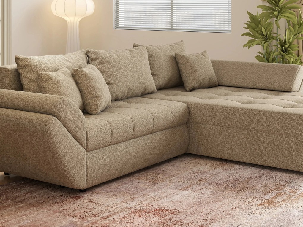 Colțar extensibil dumonde cu ladă de depozitare si sezut confortabil din spuma high-density, Loana Enjoy Camel 270x185 cm