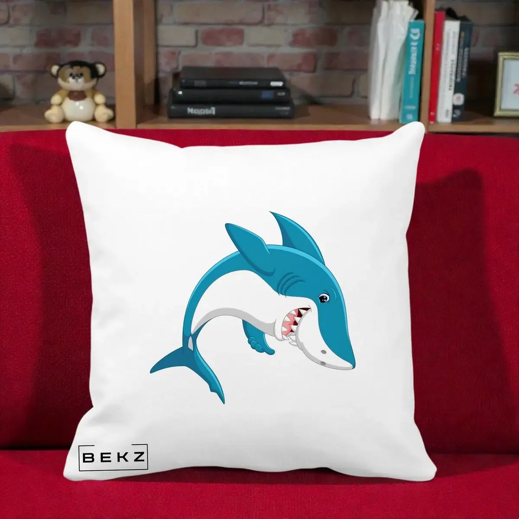 Perna Decorativa Rechin Albastru Cartoon, 40x40 cm, Alba Mata, Husa Detasabila, Perna Inclusa, BEKZ®