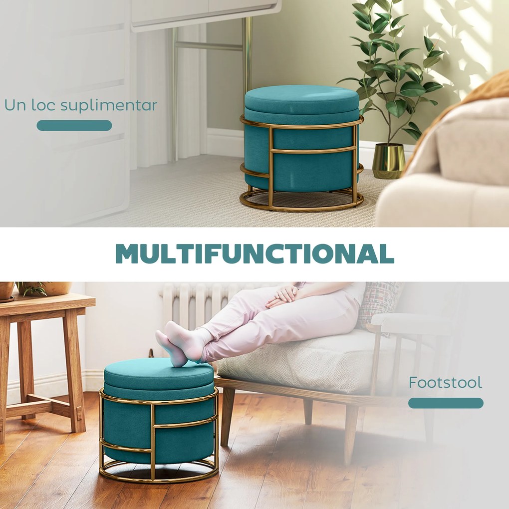 HOMCOM Pouf cu Spațiu de Depozitare în Catifea, 24L, Capac Detasabil, Ø42x39cm, Verde | Aosom Romania
