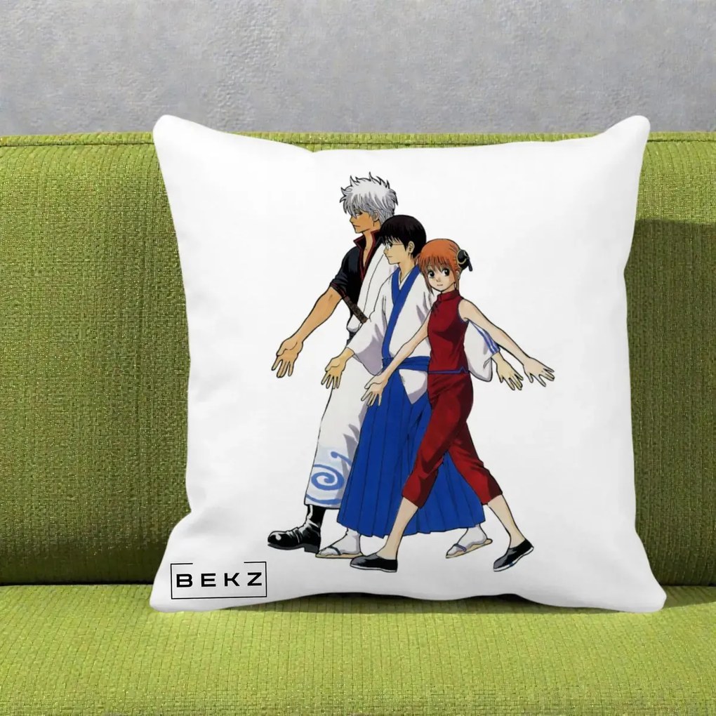 Perna Personalizata Gintama Trio Gintoki Shinpachi Kagura, 40x40 cm, Alba Mata, Husa Detasabila, Perna Inclusa, BEKZ®