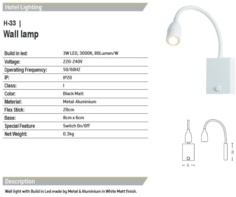 Aplica cu spot LED stil minimalist Hotel alba