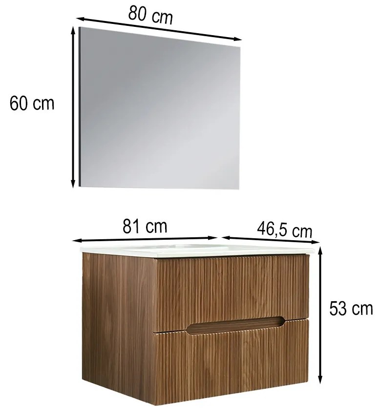 Mobilier de baie Trent 80 cm cu chiuvetă ceramică (2 sertare) și oglindă 60x80 cm stejar apus de soare