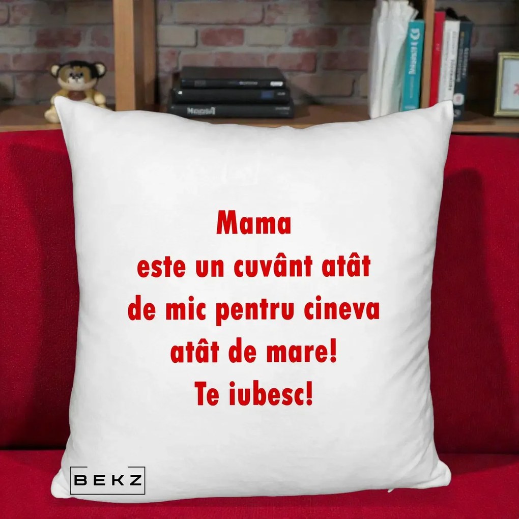 Cadou pentru Mama - Perna Personalizata Mama Cuvant Mic, 40x40 cm, Alb Pufos, Husa Detasabila, Perna Inclusa, BEKZ®