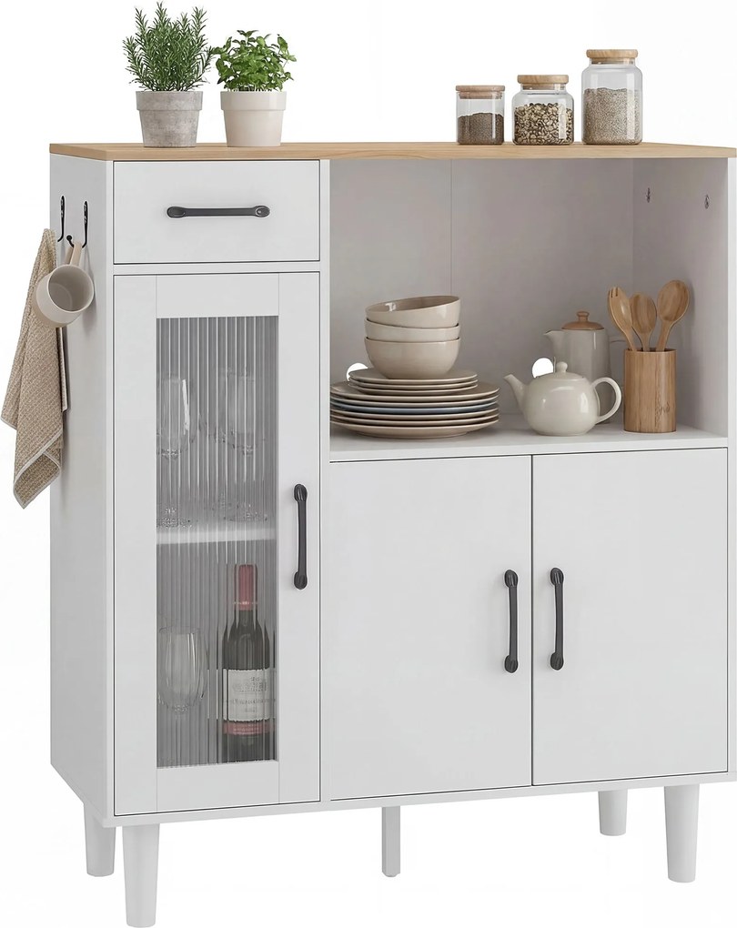 HOMCOM Bufet dulap de bucătărie cu sertar, 2 dulapuri, compartiment deschis, ușă acrilică nervurată 80 x 34 x 91 cm Alb+Stejar | Aosom Romania