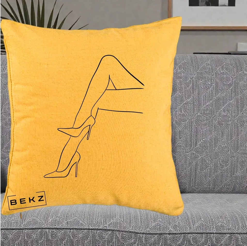 Perna Decorativa Picioare cu Tocuri Line Art, 40x40 cm, Galben, Husa Detasabila, Perna Inclusa, BEKZ®