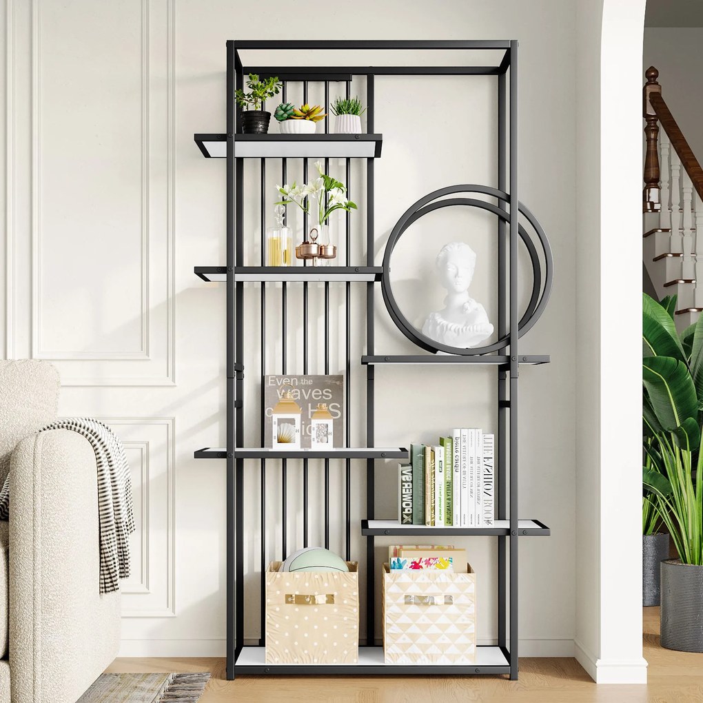 Raft metalic în stil modern, design pe mai multe niveluri cu șase rafturi, 100x30x180 cm, Alb + Negru