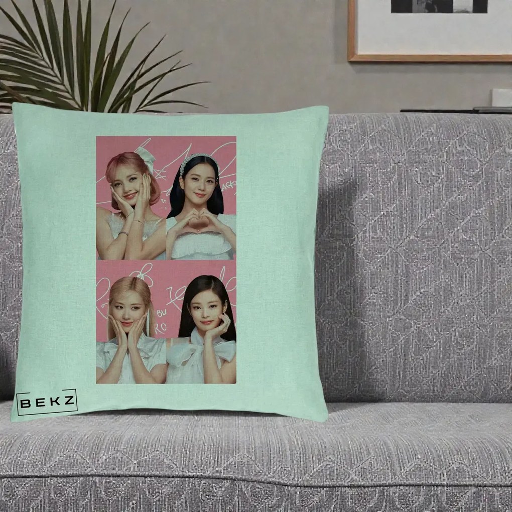 Perna Personalizata K-pop BLACKPINK Colaj Roz, 40x40 cm, Verde Menta, Husa Detasabila, Perna Inclusa, BEKZ®