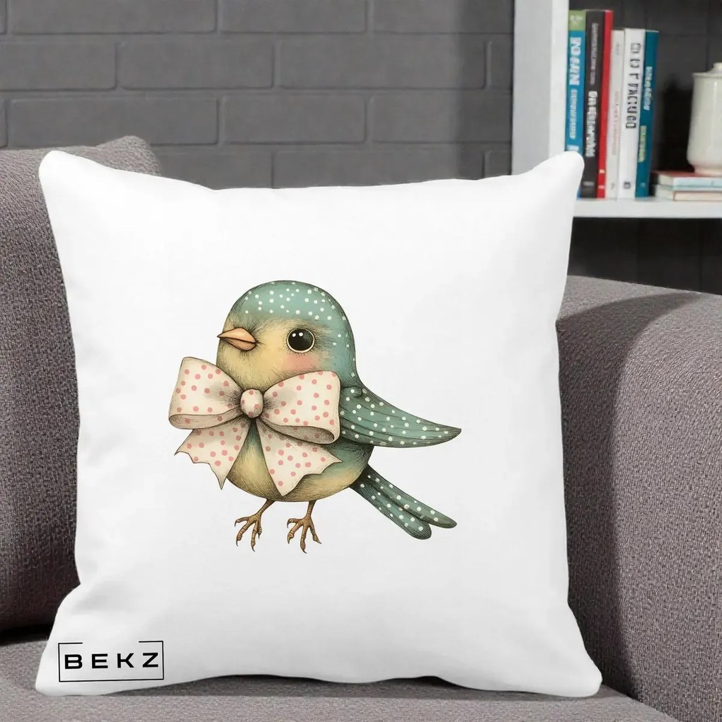 Perna Decorativa Pasare Teal cu Fundita cu Buline, 40x40 cm, Alba Mata, Husa Detasabila, Perna Inclusa, BEKZ®