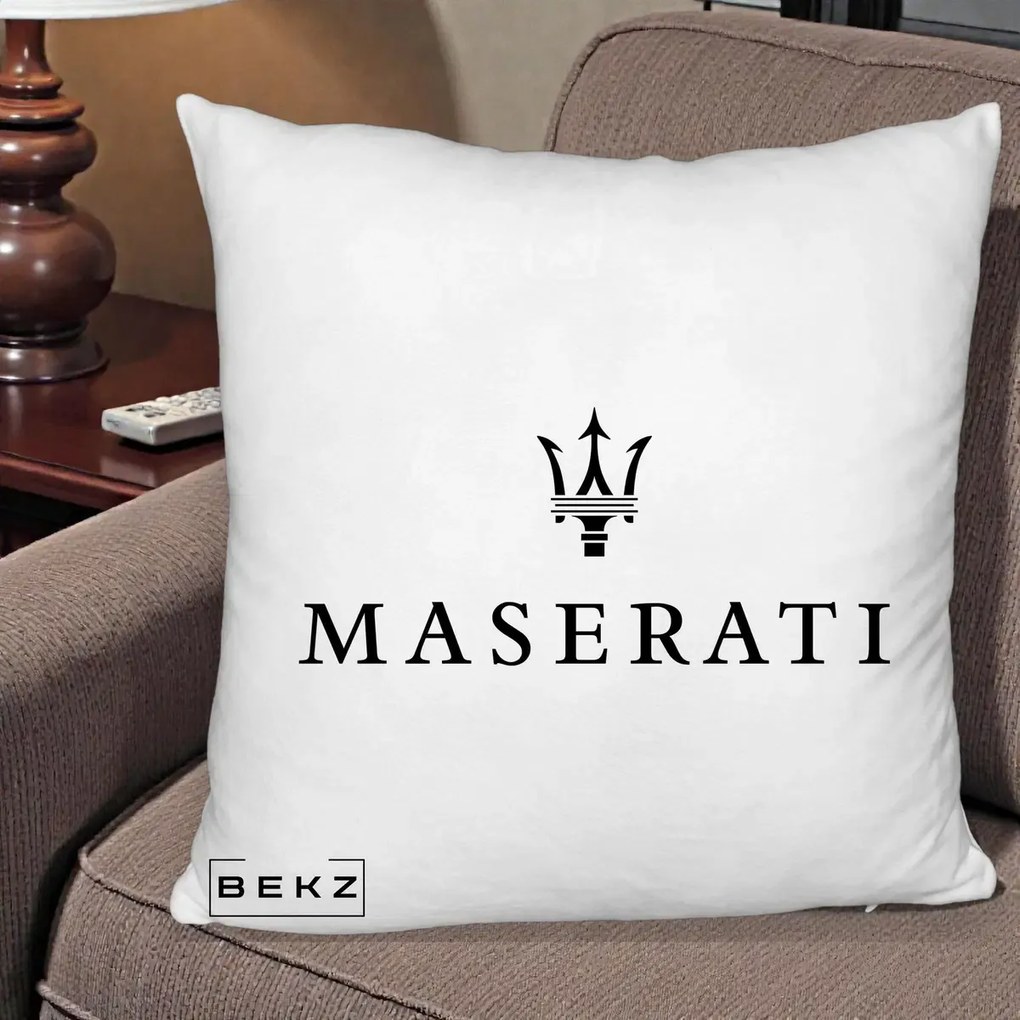 Perna Personalizata cu emblema Maserati, 40x40 cm, Alb Pufos, Husa Detasabila, Perna Inclusa, BEKZ®