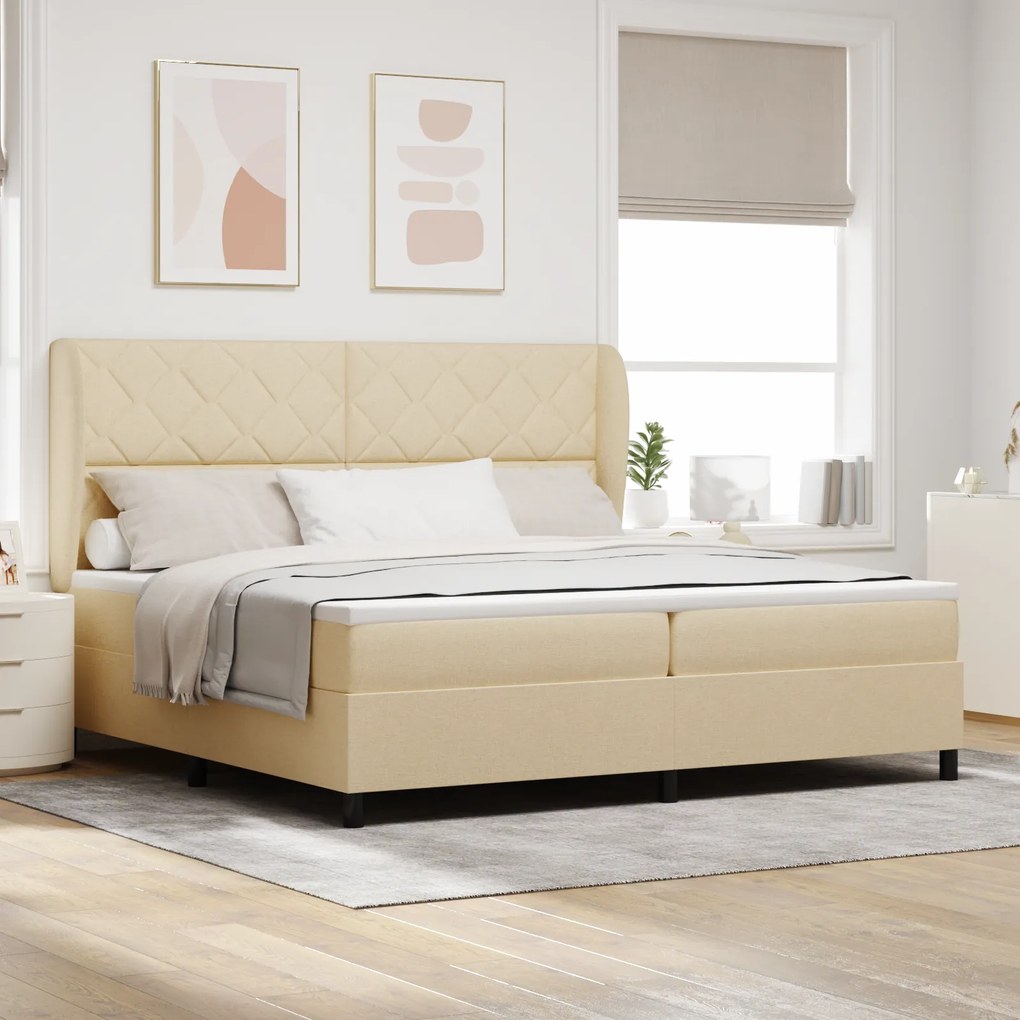 vidaXL Pat cu arcuri și saltea - crem - 200 x 200 cm, material