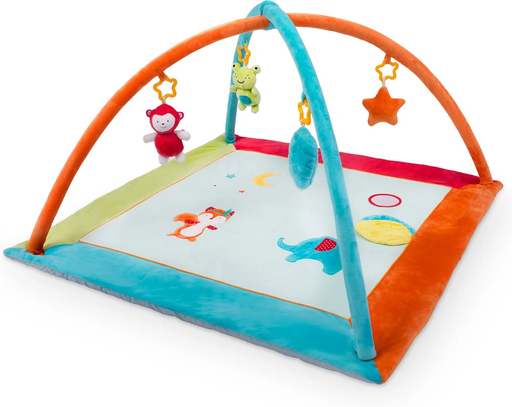 Covoras loc de joaca patrat educativ interactiv pentru copii, cu jucarii, model animale, 90 x 45 cm