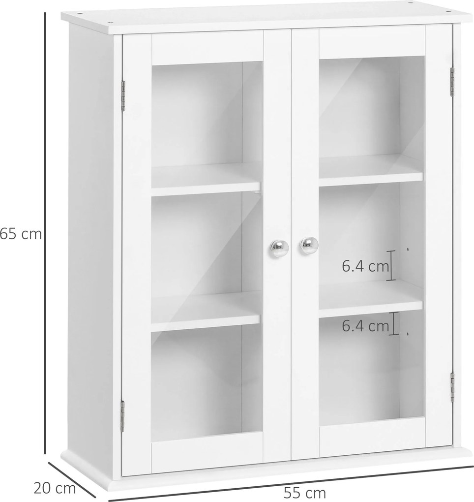 Kleankin Dulap de Baie Suspendat cu 2 Uși din Lemn și Sticlă, Dulap de Perete Multifuncțional, 55x20x65 cm, Alb | Aosom Romania