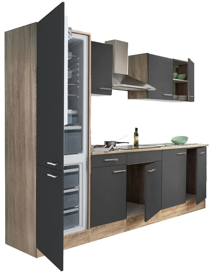 Mobilă de bucătărie Yorki 270, corp din stejar sonoma, față antracit satinat, frigider cu congelator în partea de jos
