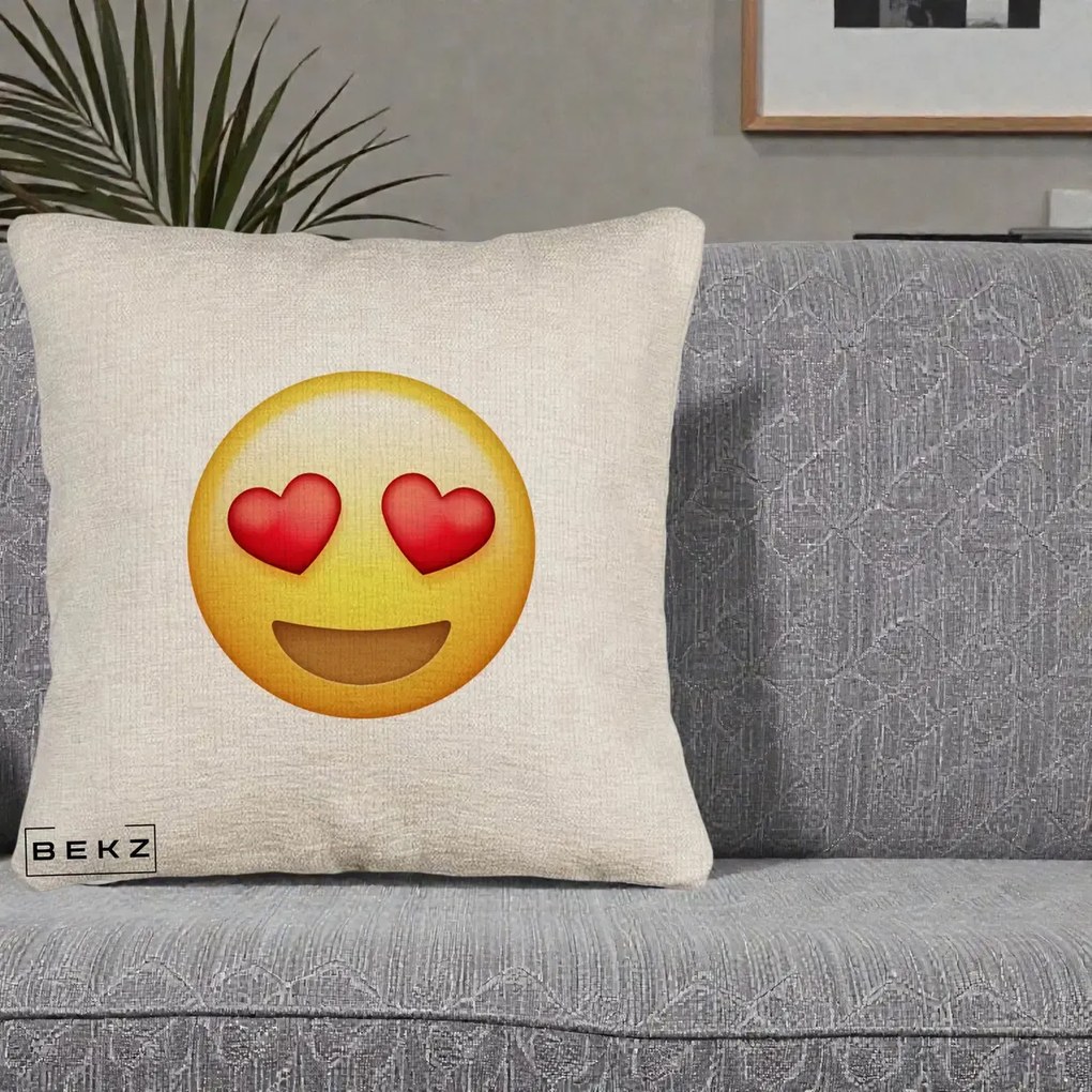 Perna Decorativa Emoji Inimi in Ochi, 40x40 cm, Bej Canapea, Husa Detasabila, Perna Inclusa, BEKZ®