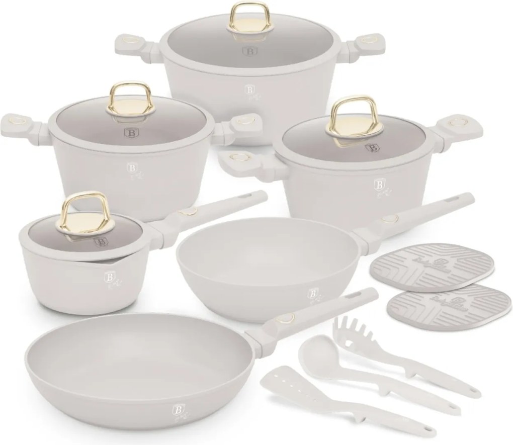Set oale si tigai cu capace 15 piese Sahara Collection Berlinger Haus BH 8081N, crem, antiaderente, curatare usoara, inductie, design elegant, premium