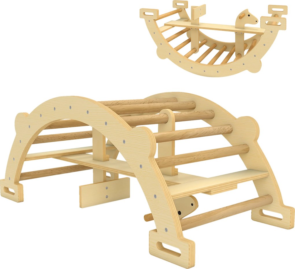 AIYAPLAY Arc Montessori din Lemn pentru Copii 2-4 Ani, Convertibil în Balansoar, Joc de Cățărare, 110x52x45 cm, culoare Lemn | Aosom Romania