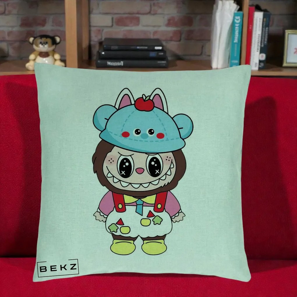 Perna Personalizata Labubu x Urs Albastru Colorat, 40x40 cm, Verde Menta, Husa Detasabila, Perna Inclusa, BEKZ®