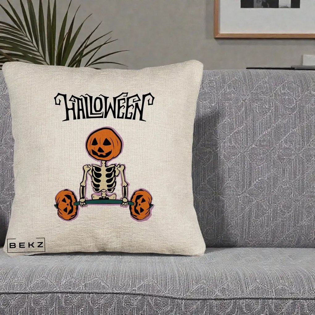 Perna Decorativa Halloween Schelet cu Cap de Dovleac Powerlifting, 40x40 cm, Bej Canapea, Husa Detasabila, Perna Inclusa, BEKZ®
