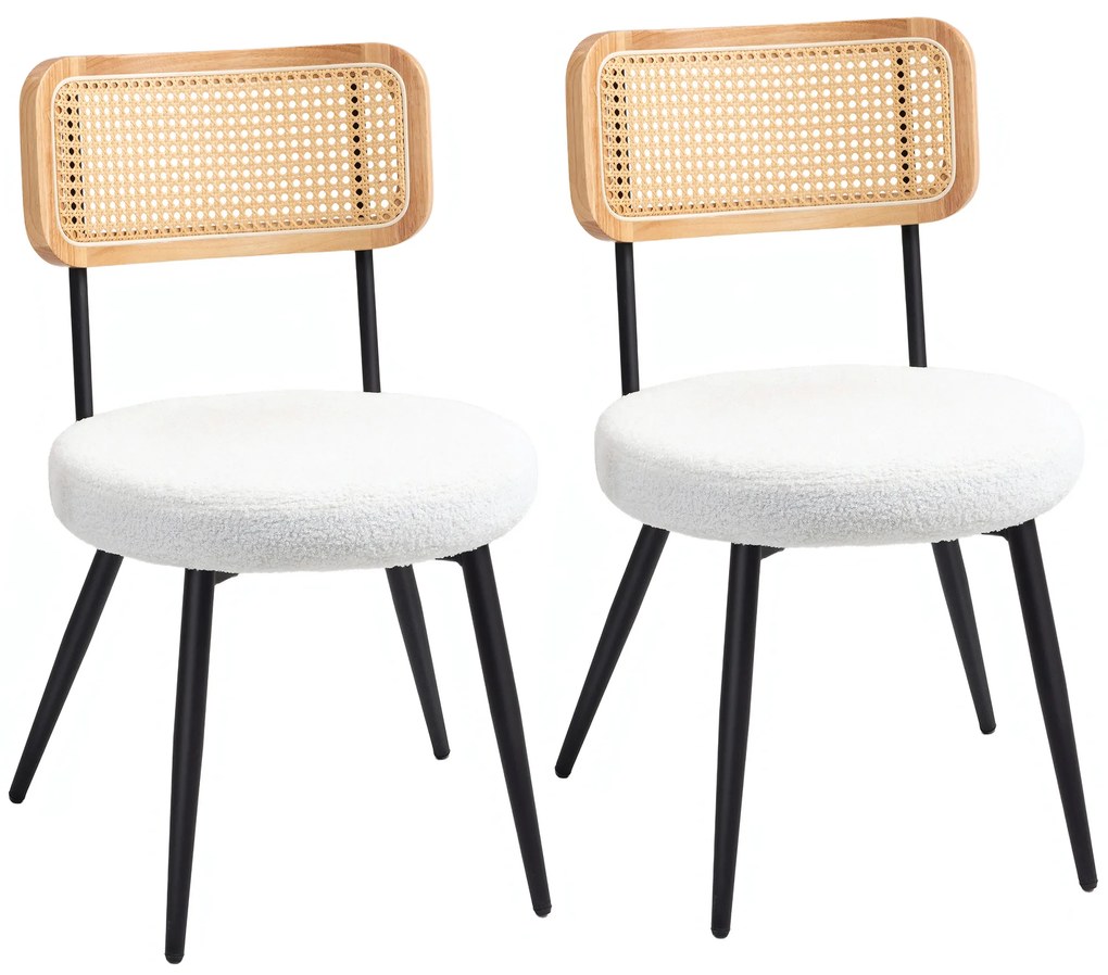HOMCOM Lot de 2 scaune de bucatarie boho cu spatar din ratan pentru living, camera de zi, dormitor, alb | Aosom Romania
