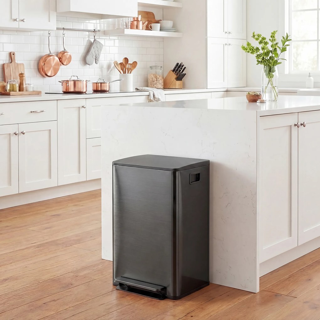 HOMCOM Coș de gunoi de bucătărie 2 compartimente 2 x 30L, oțel inoxidabil, capac cu închidere silențioasă, 47,7x37,5x66,8cm, negru | Aosom Romania