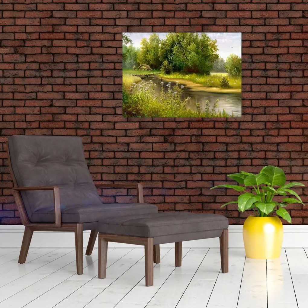 Tablou pe sticlă - Râu lângă pădure, pictură în ulei (70x50 cm)