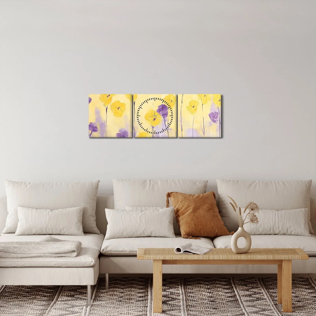 Tablou - Flori mov și galbene (cu ceas) (90x30 cm)