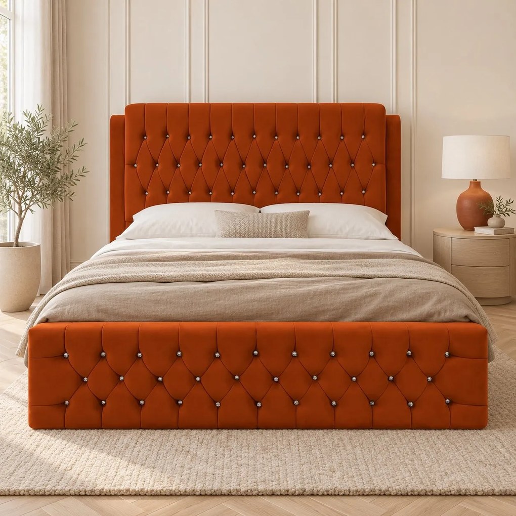 Pat tapițat Chesterfield din catifea Aveline Deluxe 180×200 cm, cărămiziu, cu ladă de depozitare